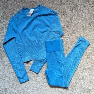 Fabletics Womens Sz S Activewear Set Long Sleeve Top + Leggings Blue Workout